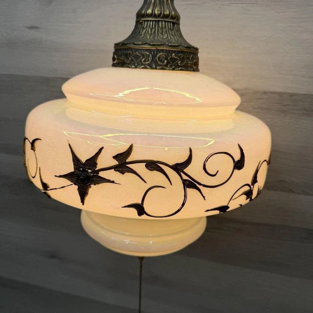 HTF Falkenstein Opalescent Glass Swag Lamp Hollywood Regency MCM Brass